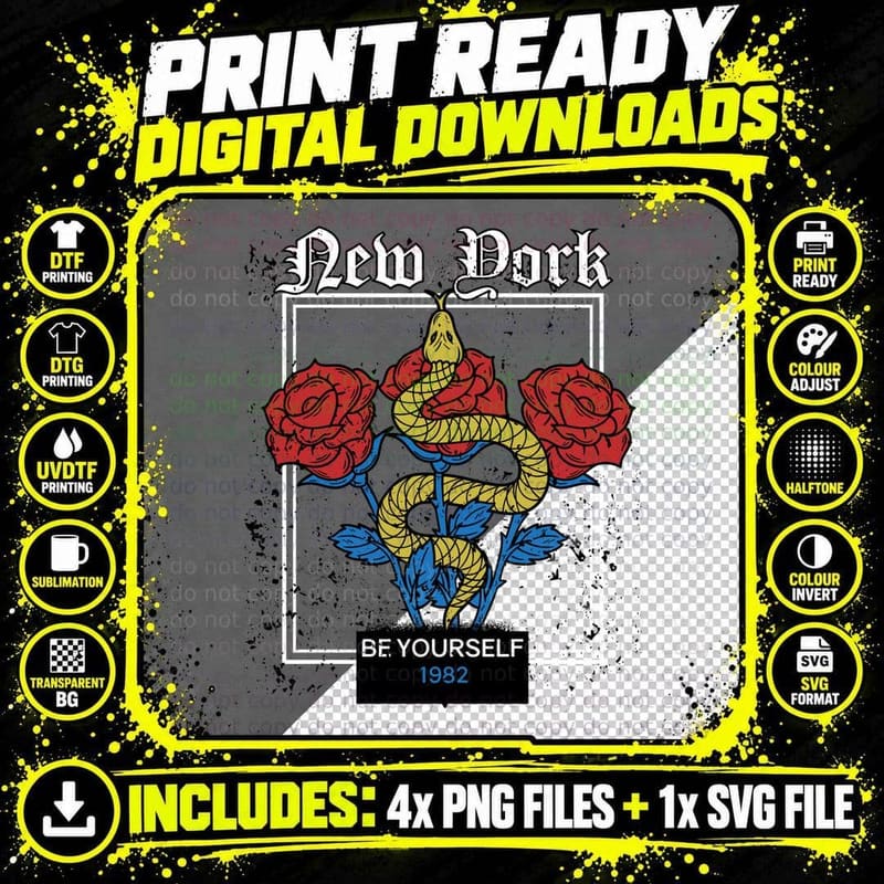 New York Serpent Be Yourself 1982 Red Roses Yellow Snake Png SVG Digital Bundle