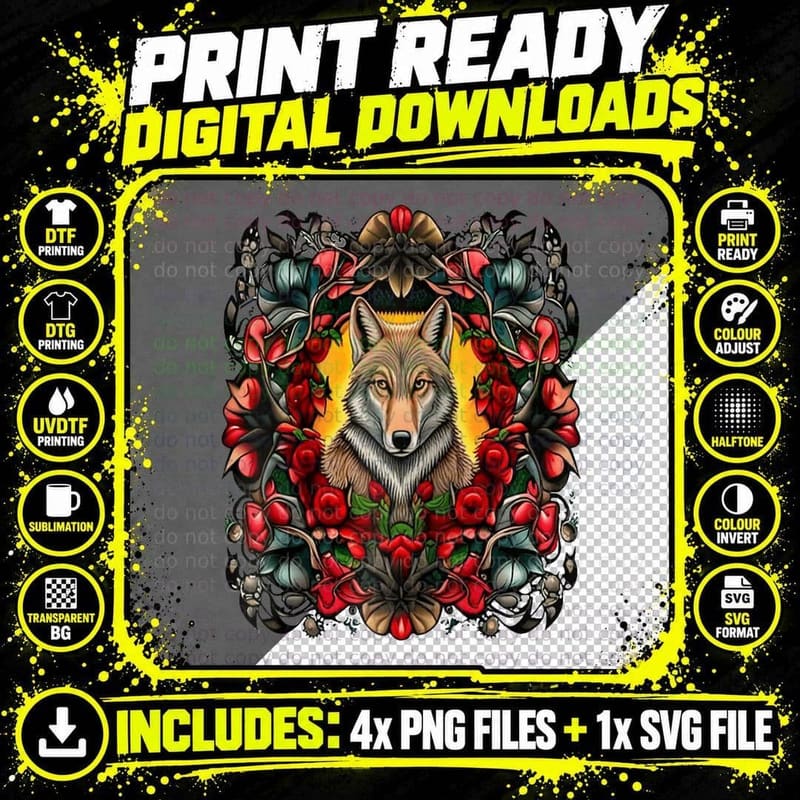 North Dakota Coyote Surrounded by Prairie Rose Tattoo Png SVG Digital Bundle