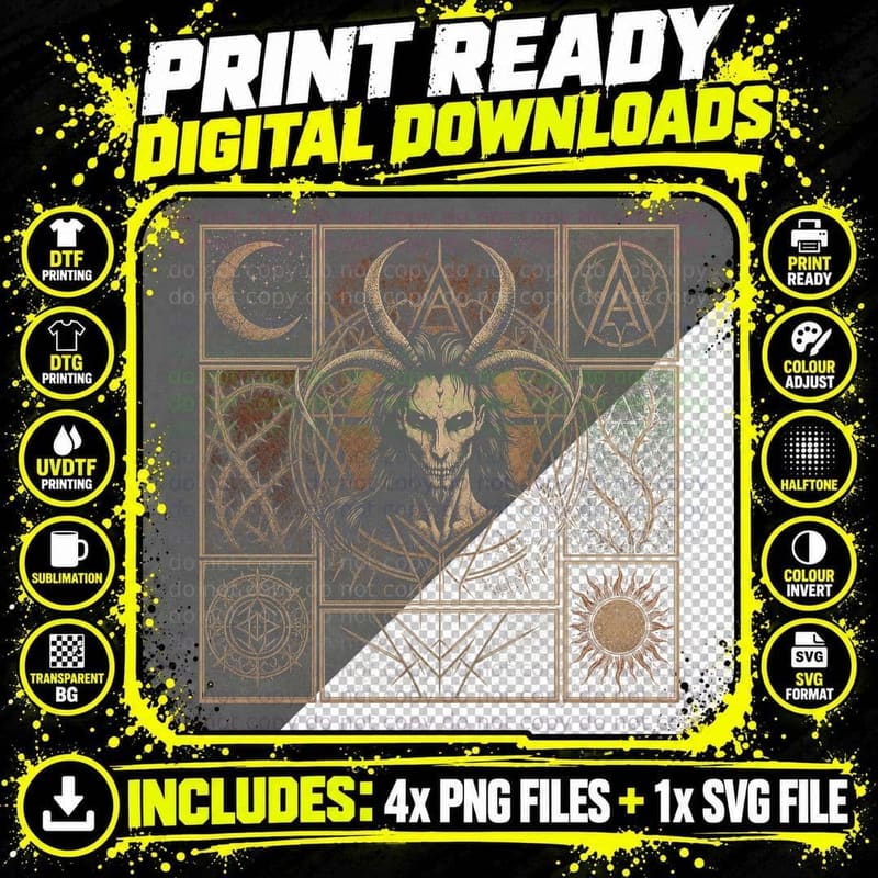 Occult Goat Demon Grid Gold T-Shirt Gothic Pentagram Png SVG Digital Bundle