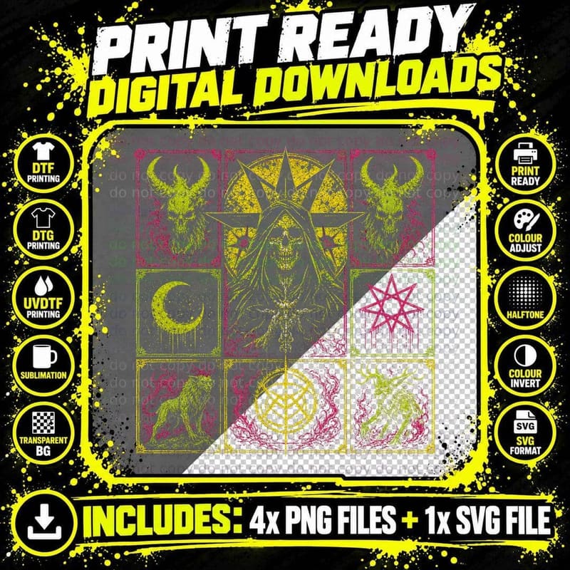 Occult Reaper Goat Grid Neon T-Shirt Gothic Pentagram Png SVG Digital Bundle