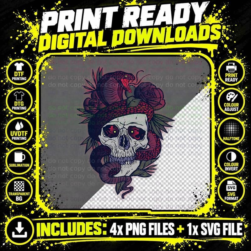 Occult Snake and Skull Mall Goth Alt Clothing T-Shirt Png SVG Digital Bundle