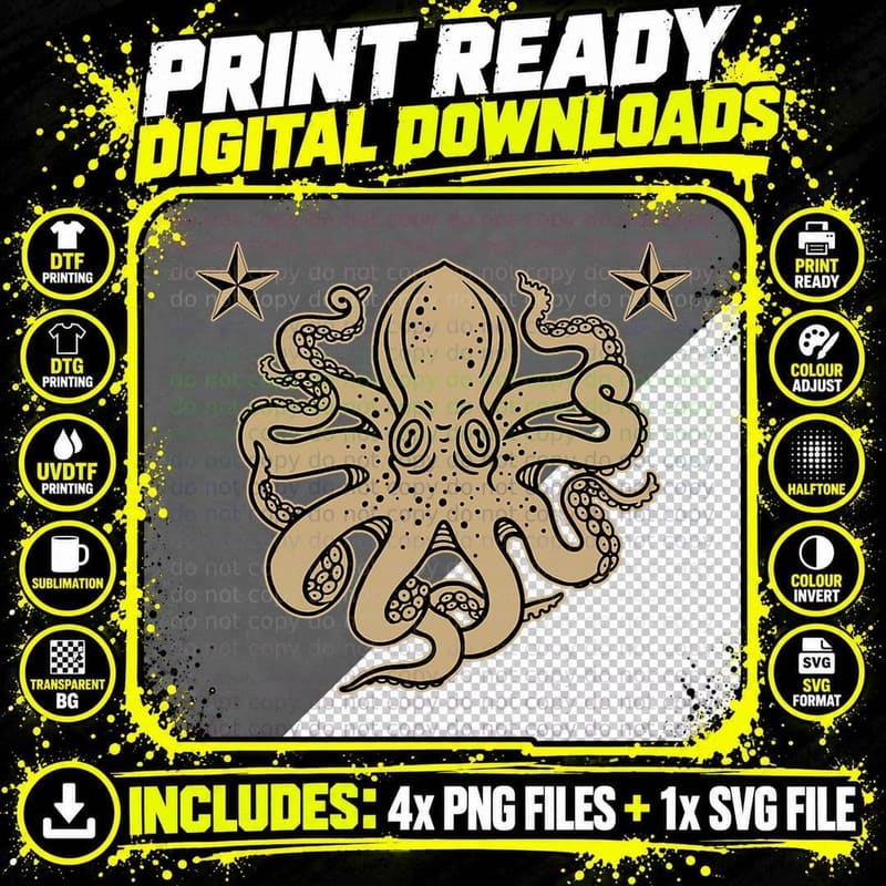 Octopus American Traditional Tattoo Flash T-Shirt Png SVG Digital Bundle