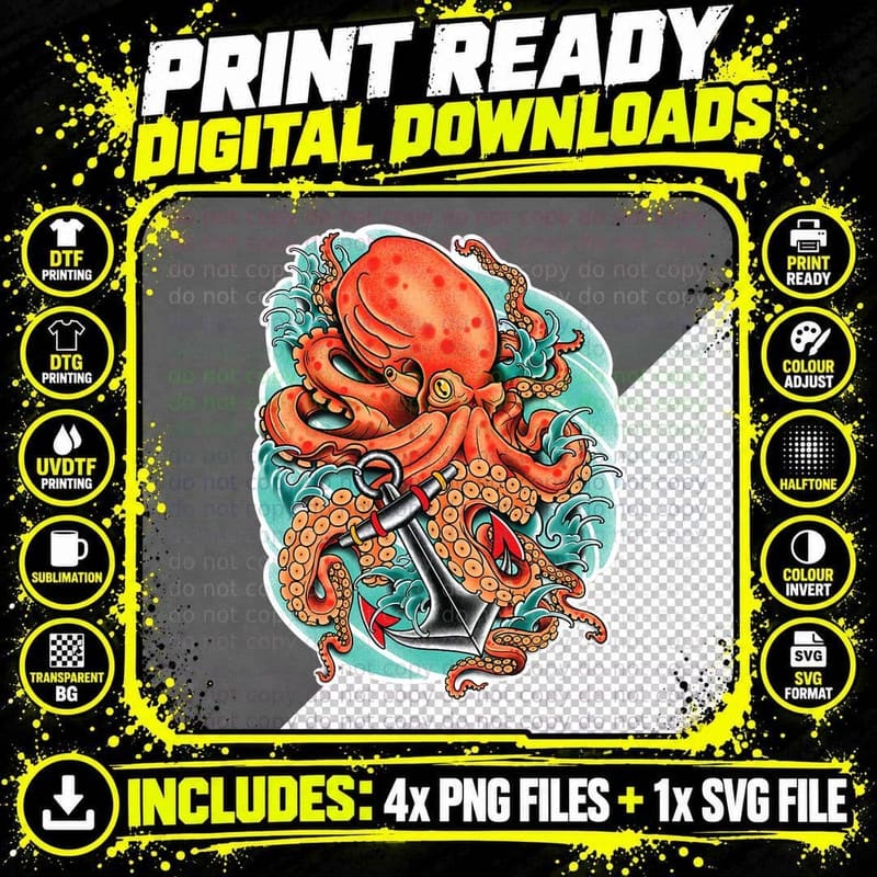 Octopus and Anchor Tattoo Art T-Shirt Png SVG Digital Bundle