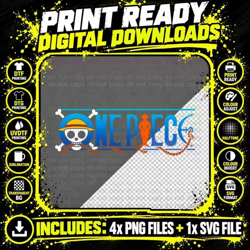 One Piece Blue Skull Pirate Minimalist Halftone Logo Png SVG Digital Bundle