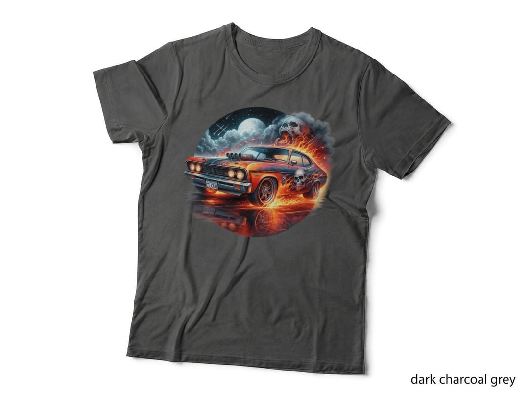 Orange Sports Car Moonlit Skull Flaming Dark Muscle T-Shirt