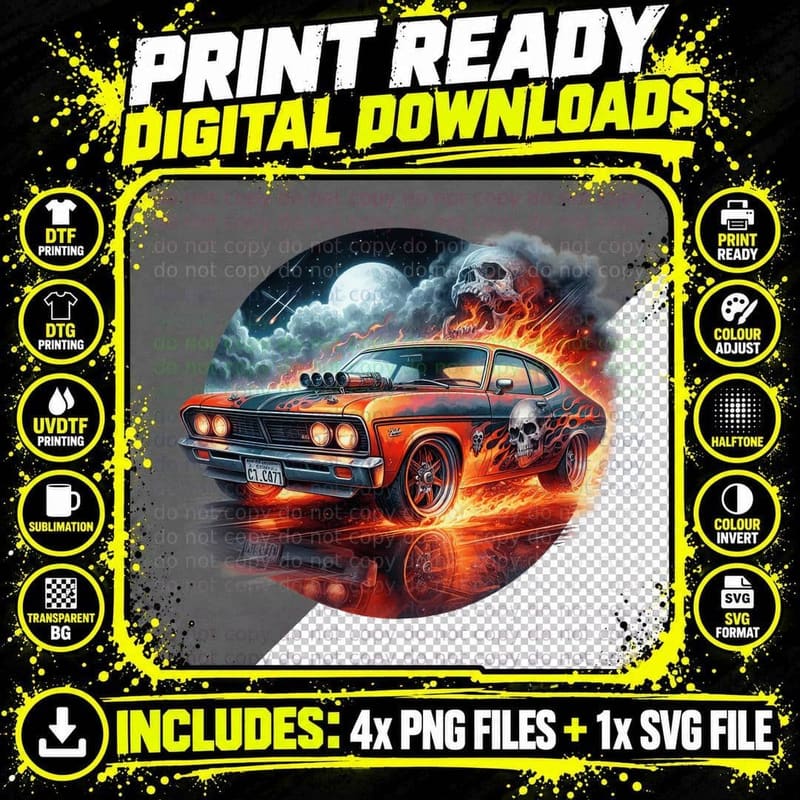 Orange Sports Car Moonlit Skull Flaming Dark Muscle Png SVG Digital Bundle