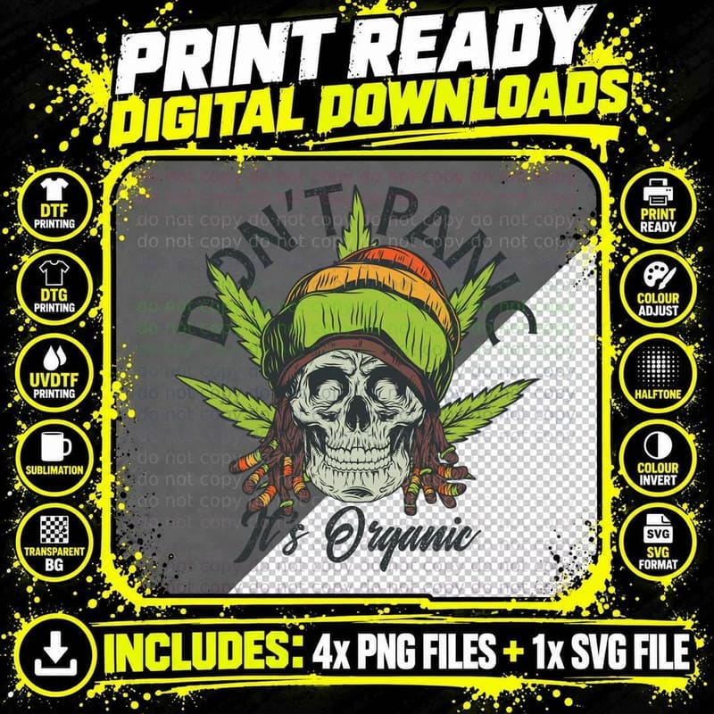 Organic Panic Don't It's Skull with Beanie and Cannabis Png SVG Digital Bundle