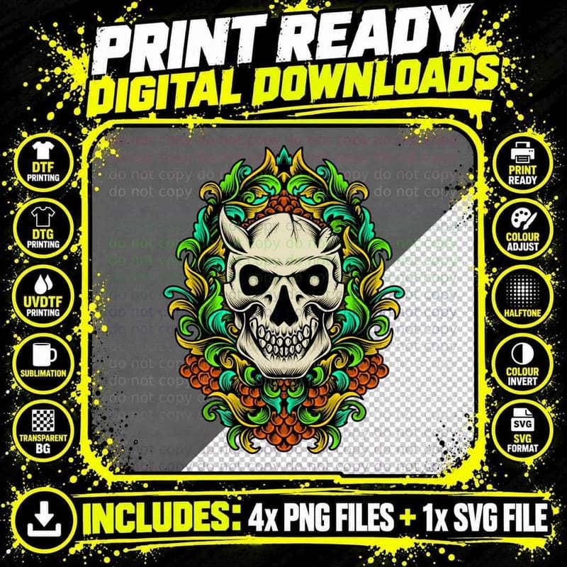 Ornamental Skull Ornate Green Gold Frame Baroque Png SVG Digital Bundle
