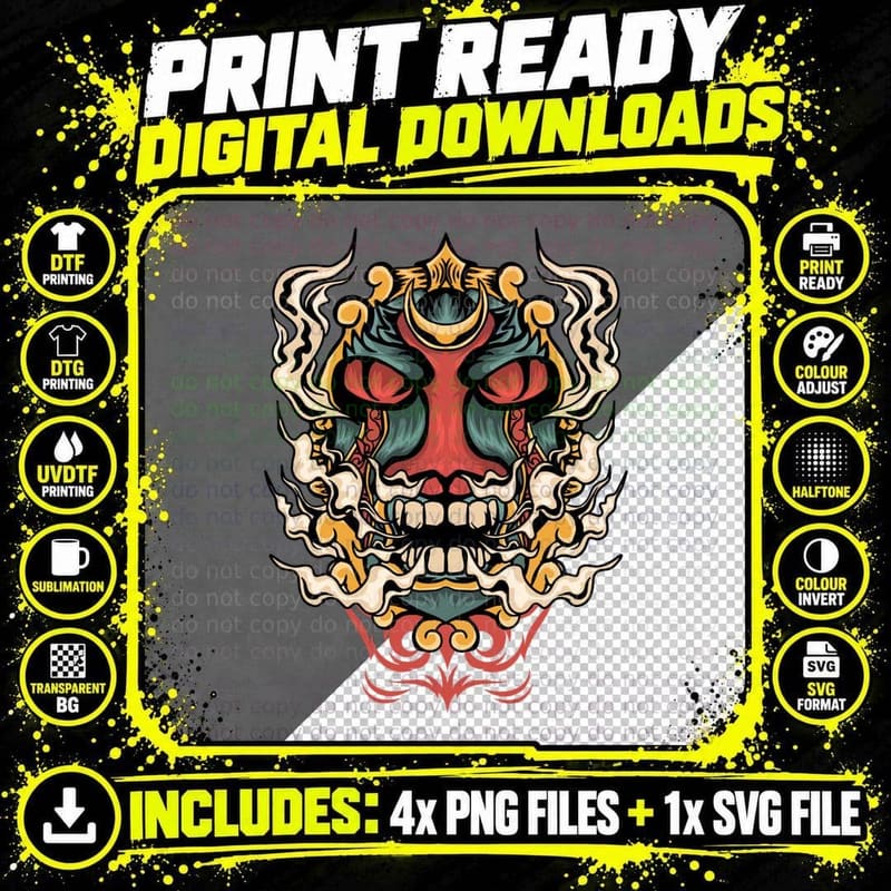 Ornate Skull Japanese Ornamental Flowers Gold Red T-Shirt Png SVG Digital Bundle