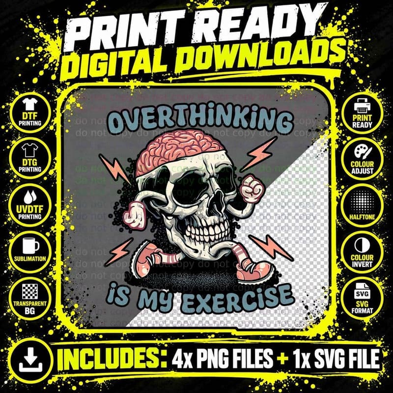 Overthinking Is My Exercise T-Shirt, Gothic Skull Tee Png SVG Digital Bundle