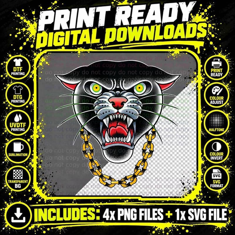 Panther Face Traditional Tattoo Art Illustration Png SVG Digital Bundle