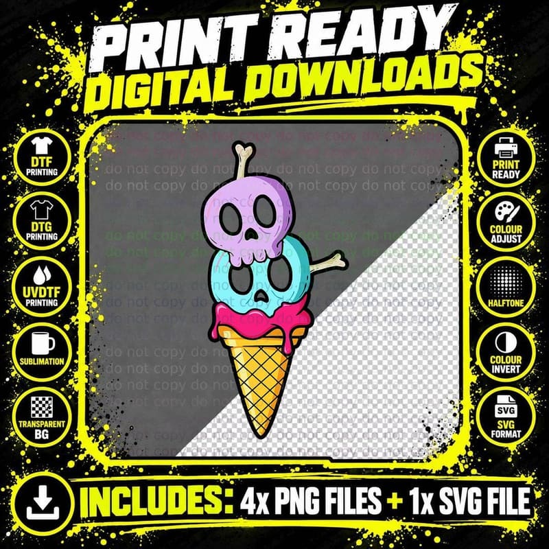 Pastel Goth Skulls and Bones Ice Cream Cone T-Shirt Png SVG Digital Bundle