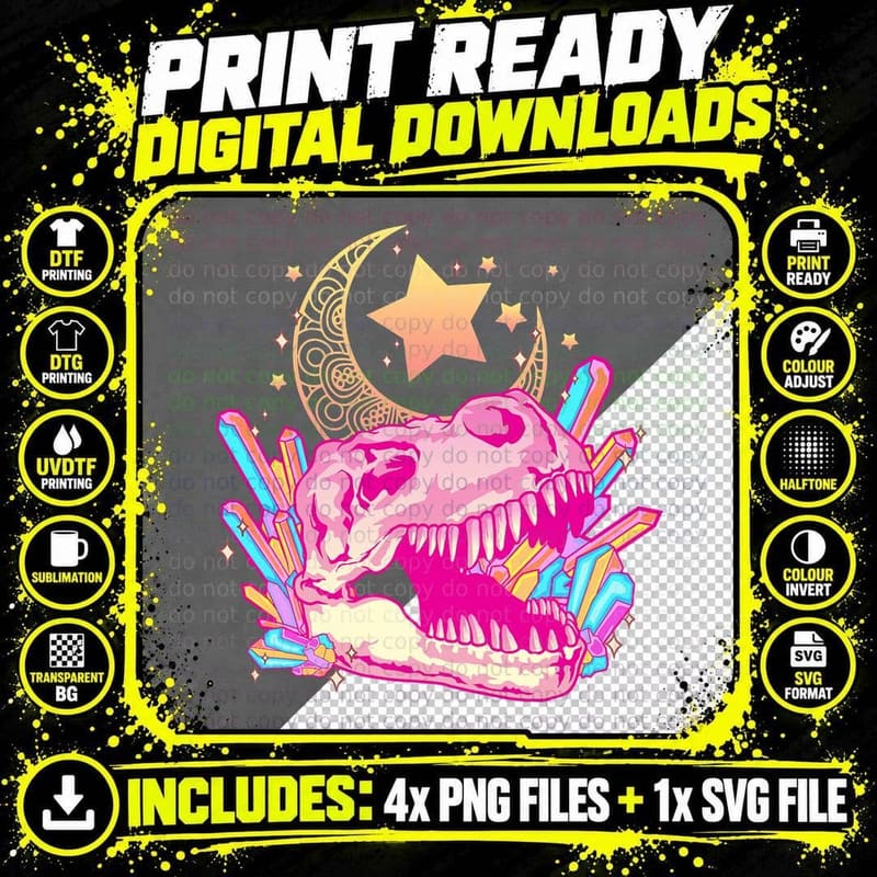 Pastel Goth T Rex Skull Crystal Crescent Moon Aesthetic Png SVG Digital Bundle