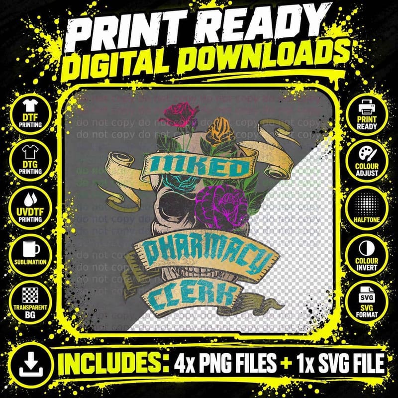 Pharmacy Clerk Inked Skull Tattoo Backside Design Gift Png SVG Digital Bundle