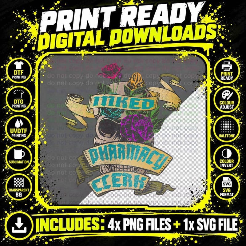 Pharmacy Clerk Inked Skull Tattoo Backside Design Png SVG Digital Bundle