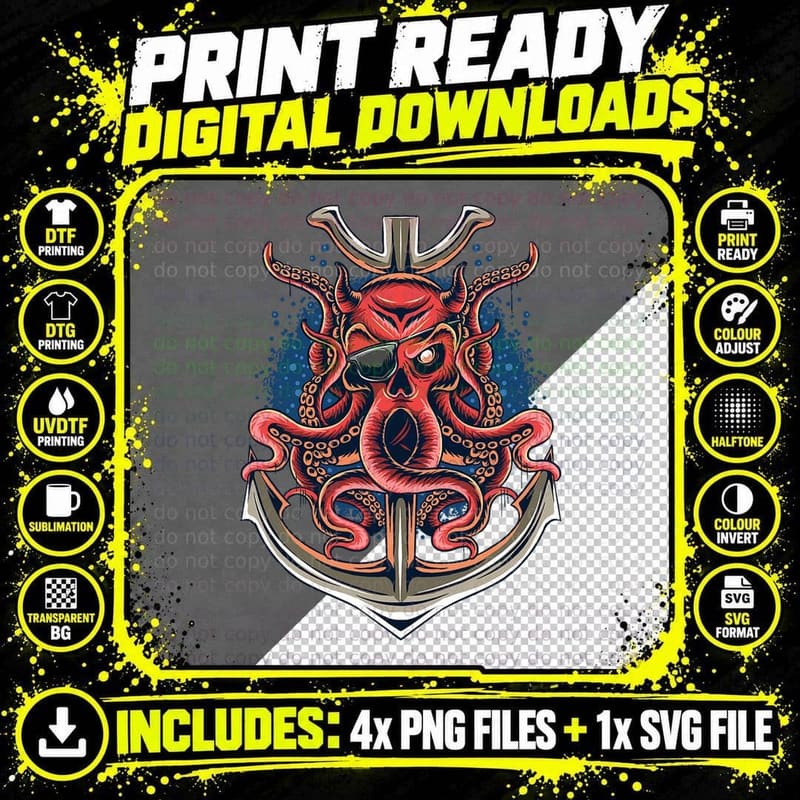 Pirate Octopus One-Eyed Skull Face Caribbean Anchor Png SVG Digital Bundle