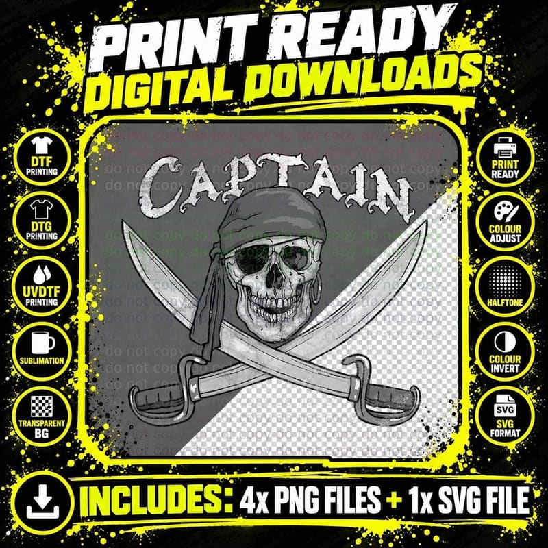Pirate Ship Captain Skull & Cutlasses Jolly Roger T-Shirt Png SVG Digital Bundle