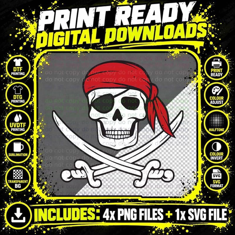 Pirate Shirt Kids or Adults Swords and Skull T-Shirt Png SVG Digital Bundle