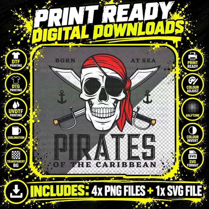 Pirate Skull Caribbean Born at Sea Pirates of the Red Png SVG Digital Bundle