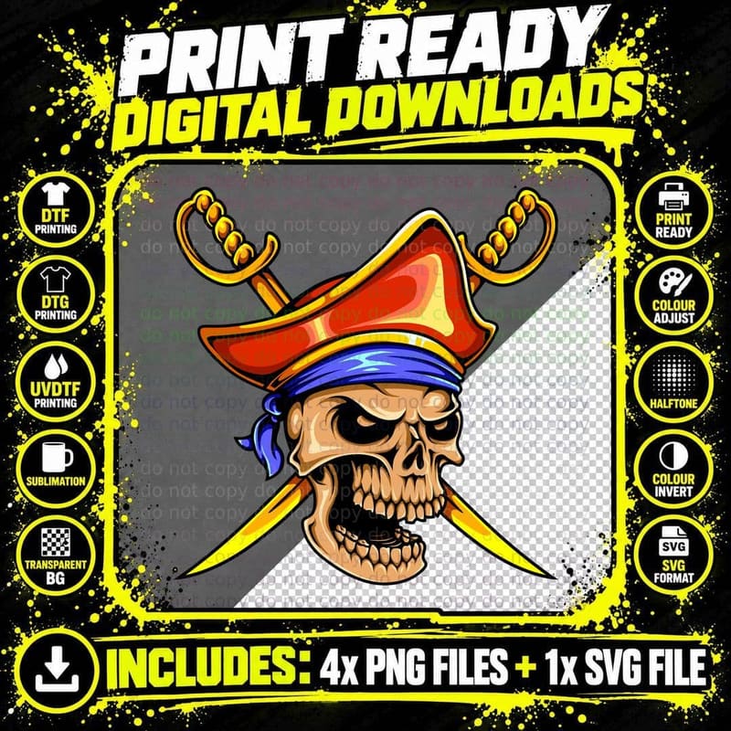 Pirate Skull Crossed Swords Daggers T-Shirt Png SVG Digital Bundle