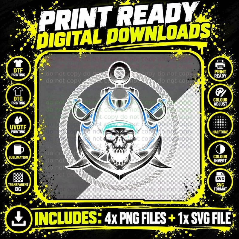 Pirate Skull Swords Rope Anchor T-Shirt Png SVG Digital Bundle
