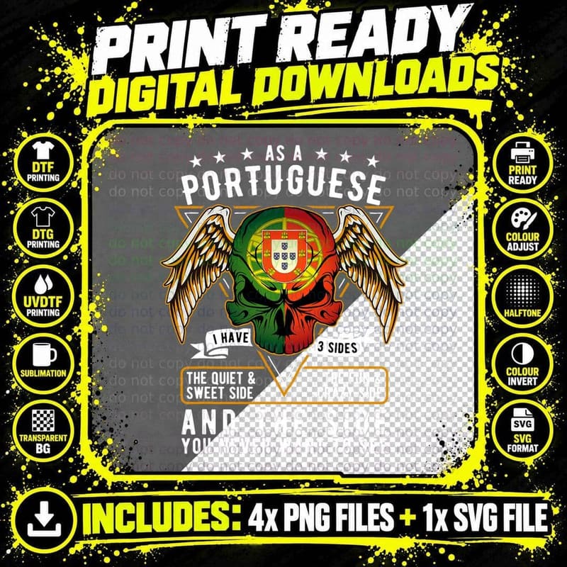 Portugal Flag Skull Patriotic Portuguese Roots DNA Png SVG Digital Bundle