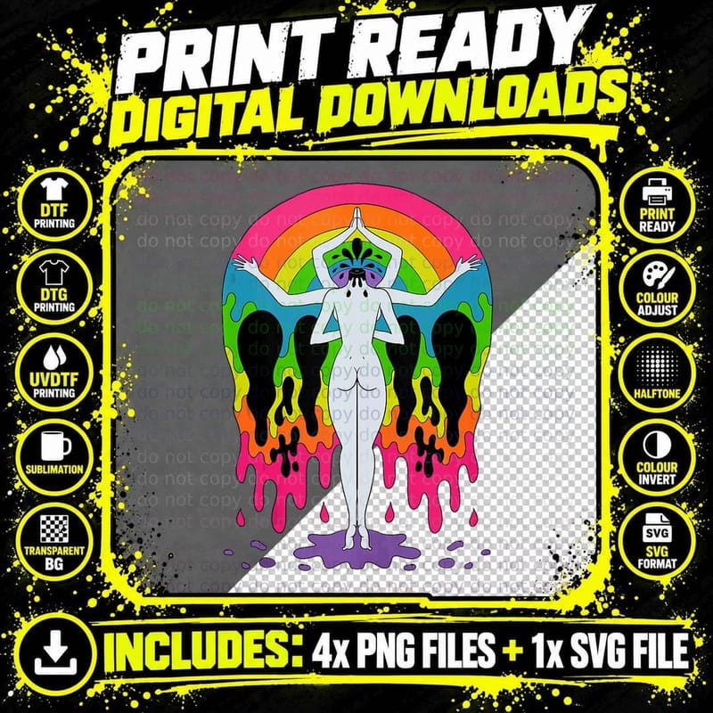 Psychedelic Art Colorful Dripping Rainbow Skull Trippy Png SVG Digital Bundle