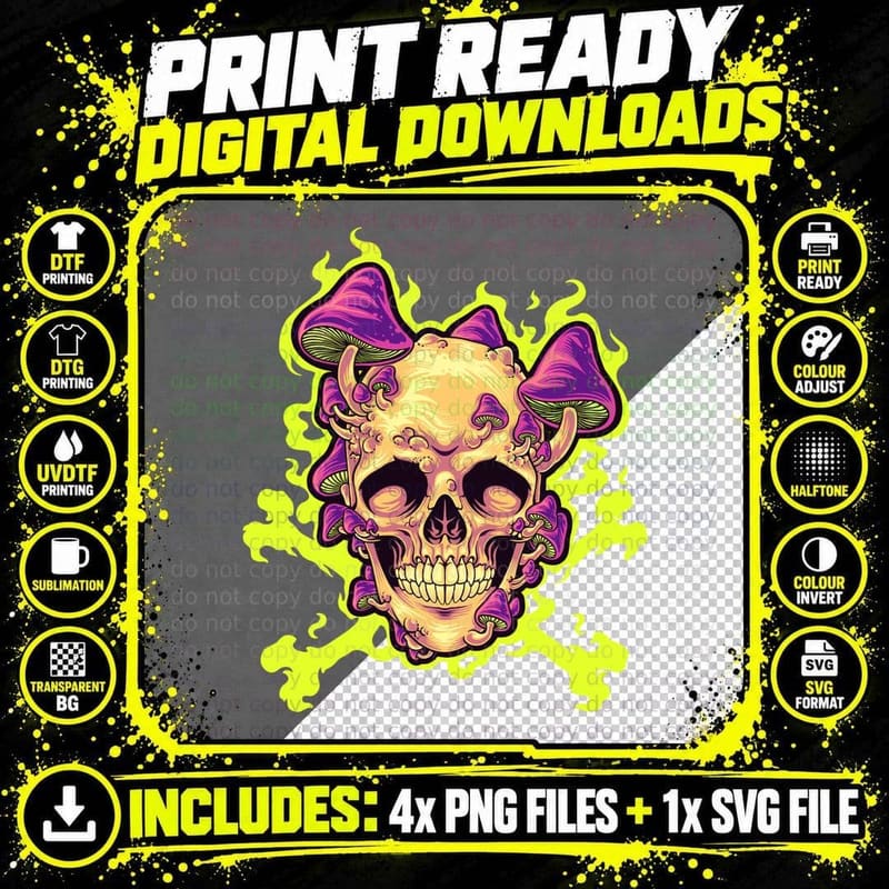 Psychedelic Skull Trippy Acid Purple Mushrooms Yellow Png SVG Digital Bundle
