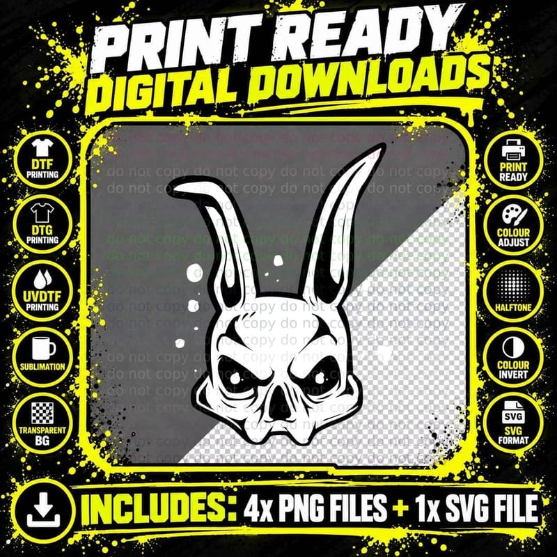 Rabbit Skull Long Ears Hare Minimalist White Black Line Png SVG Digital Bundle