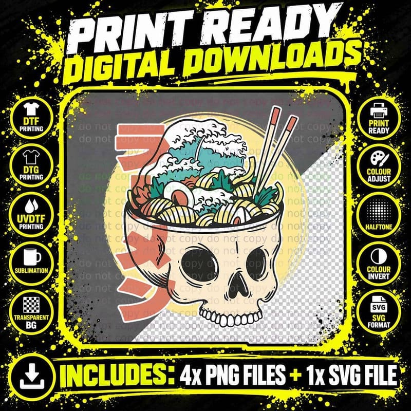 Ramen Wave Skull Bowl Japanese Noodles Udon Ramen T-Shirt Png SVG Digital Bundle