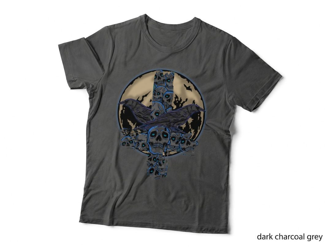Raven Gothic Moon Satanic Cross Goth Skull Crow T-Shirt