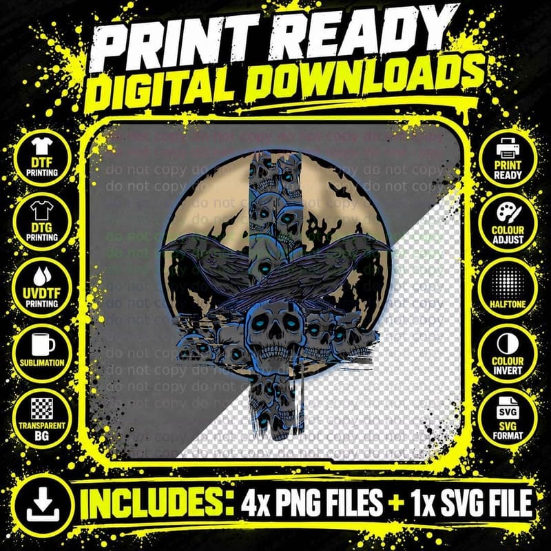 Raven Gothic Moon Satanic Cross Goth Skull Crow T-Shirt Png SVG Digital Bundle