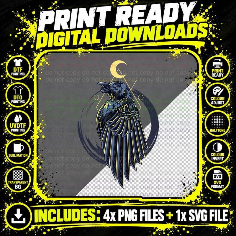 Raven Moon Crow Black Gold Crescent Mystical Witchcraft Png SVG Digital Bundle