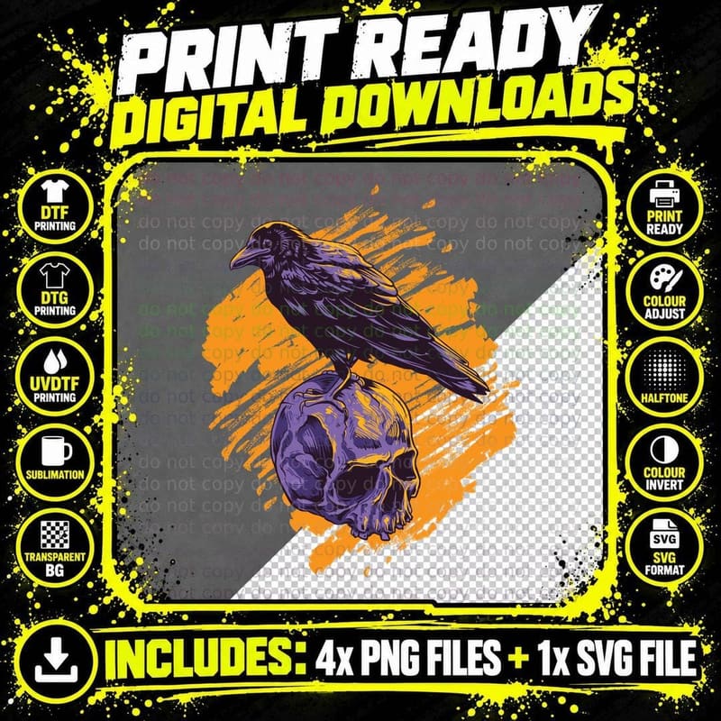 Raven Skull Gothic Perched Halftone Purple Orange Dark Png SVG Digital Bundle