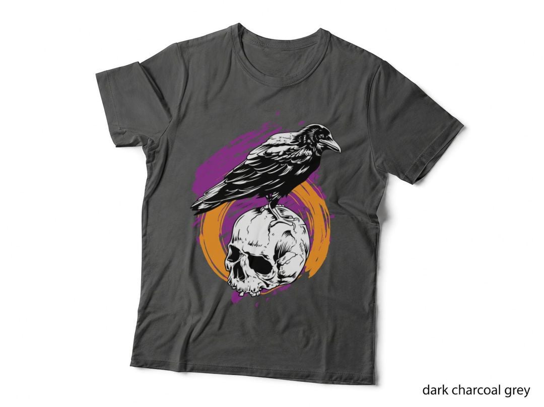 Raven Skull Mystic Crow on Purple Orange Line Art Occult T-Shirt