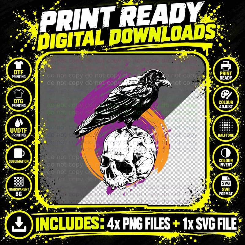 Raven Skull Mystic Crow on Purple Orange Line Art Occult Png SVG Digital Bundle