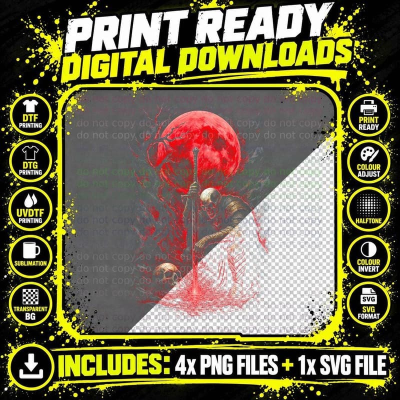 Red Moon Warrior T-Shirt, Fantasy Art Print Png SVG Digital Bundle