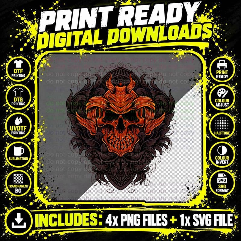 Red Ornamental Skull Baroque Ornament Gothic Symmetrical Png SVG Digital Bundle