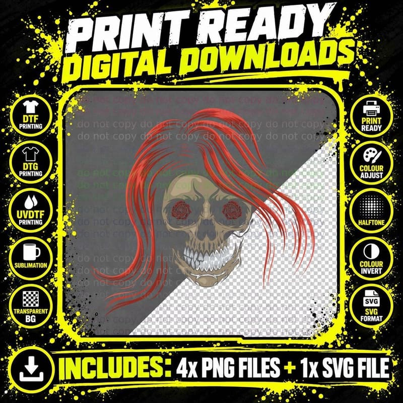 Red Skull Hair Flames Demonic T-Shirt Png SVG Digital Bundle