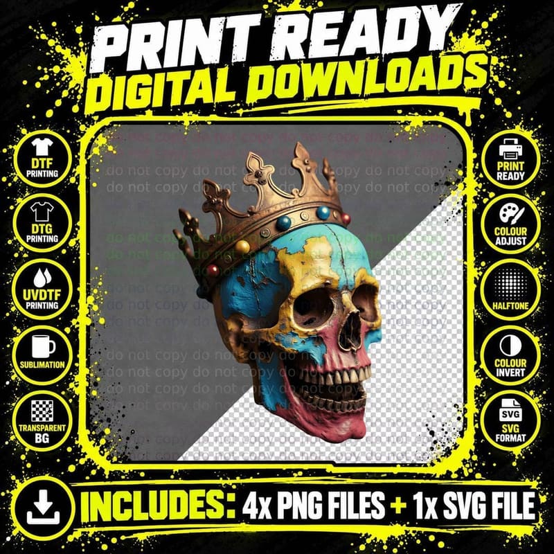 Regal Skull Golden Crown Ornate T-Shirt Png SVG Digital Bundle