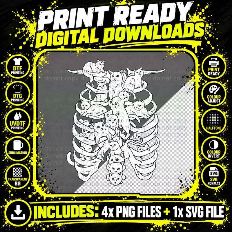 Ribcage Cats Pastel Goth Alt Clothes Aesthetic Egirl Png SVG Digital Bundle