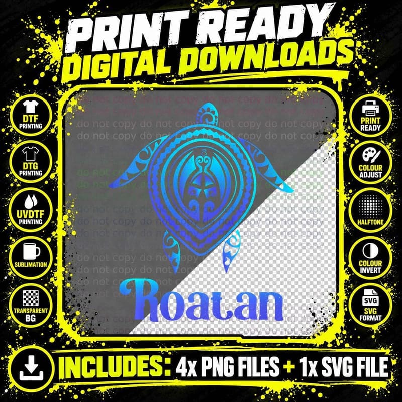 Roatan Honduras Sea Turtle Blue Tribal Tattoo Graphic Png SVG Digital Bundle