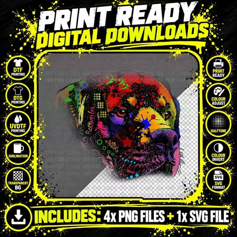 Rottweiler Rainbow Colors T-Shirt, Tattoo Style Png SVG Digital Bundle