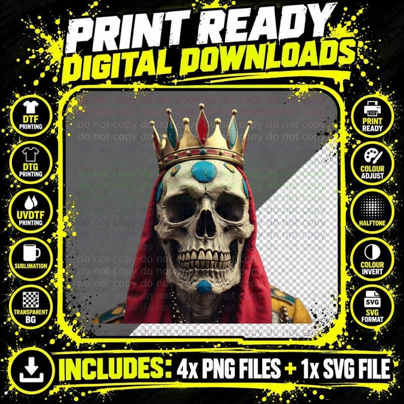 Royal Skull Red Hooded Cloak Gold Crown T-Shirt Png SVG Digital Bundle