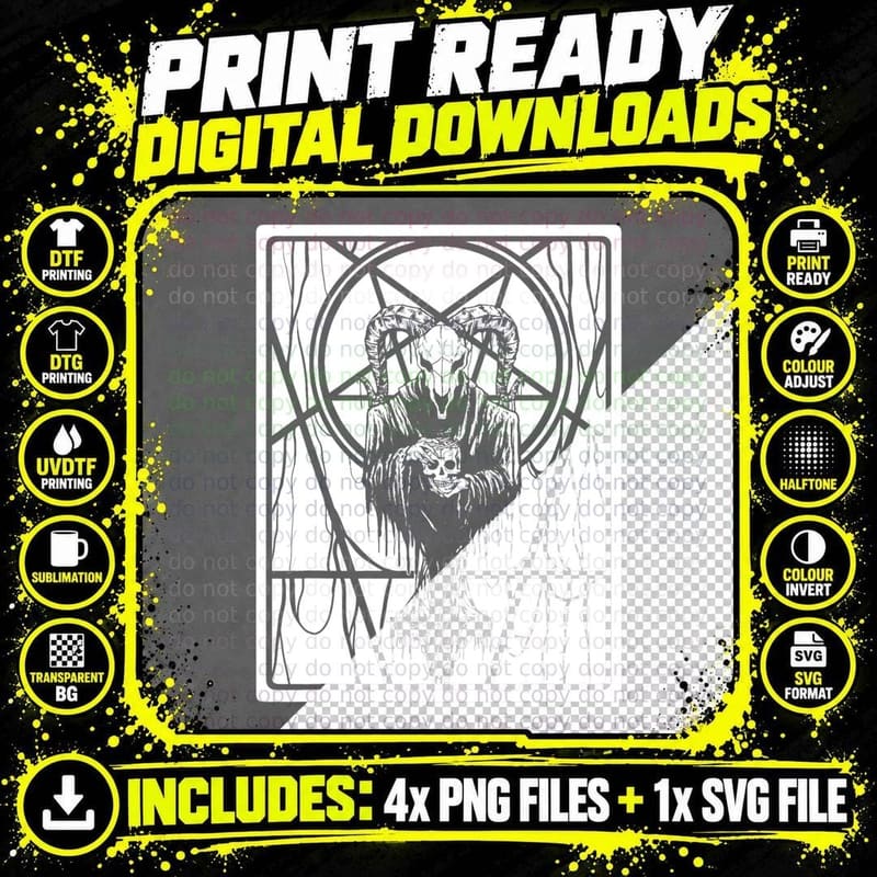 Satanic Dark Art Evil with Skull 666 Pentagram Baphomet Png SVG Digital Bundle