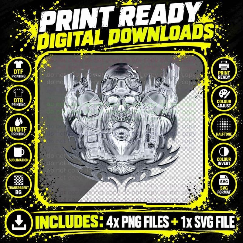 Scuba Diving Skull T-Shirt, Dive Master Style Png SVG Digital Bundle