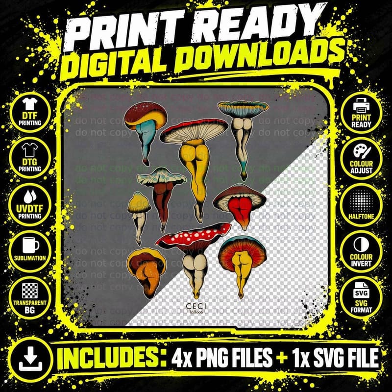 Sexy Mushrooms Tattoo Flash 1 T-Shirt Png SVG Digital Bundle