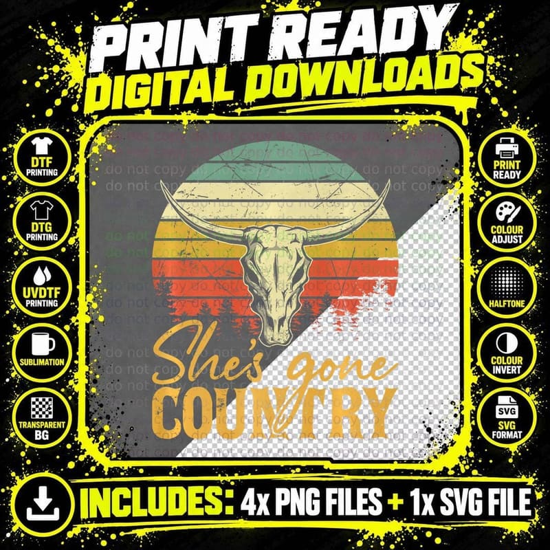 She's Gone Country Music Howdy Rodeo Western Bull Skull Png SVG Digital Bundle
