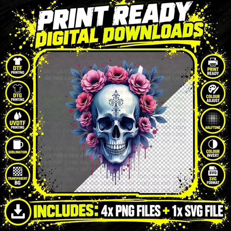 Silver Skull Black Filigree Pink Roses Dark Blue Leaves Png SVG Digital Bundle