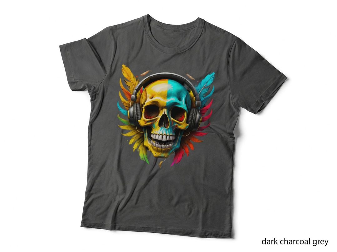 Skull Artwork, Skull Print Tee, Colorful Feather Skull T-Shirt